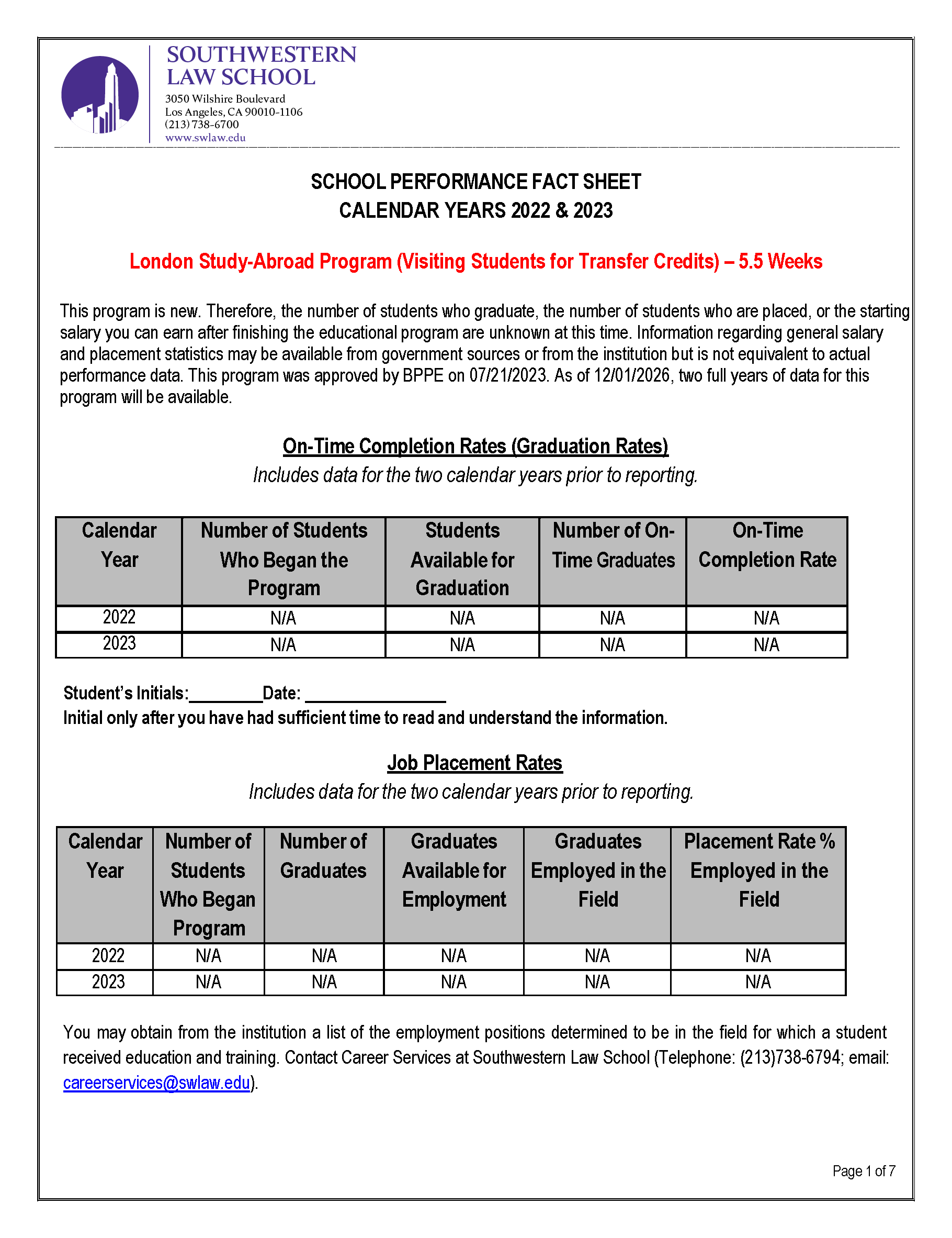 BPPE School Performance Fact Sheet 2022-2023 - London Study-Abroad Program front page