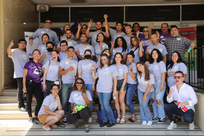 Law students cheering on the steps of Southwestern's campus