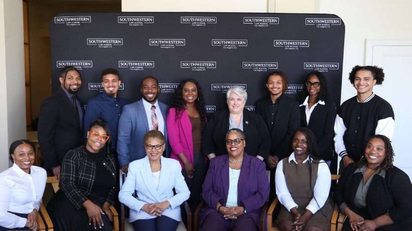 Mayor Karen Bass with Dean Darby, Prof. Gunning, and BLSA students