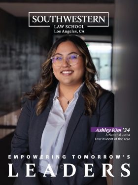 J.D. Catalog Viewbook 2024-2025 front cover featuring 2024 National Law Jurist Student of the Year Ashley Kim