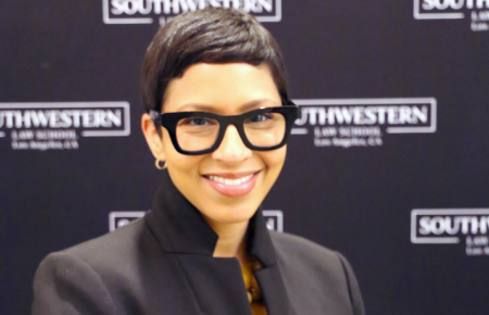 Prof. Melissa Murray against black Southwestern Law School backdrop